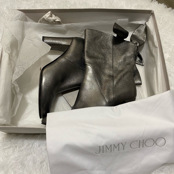 Jimmy Choo Malene 85 Anthracite Metallic Grainy Leather Bow Wrap Boots Grey 39.5 - Picture 13 of 14